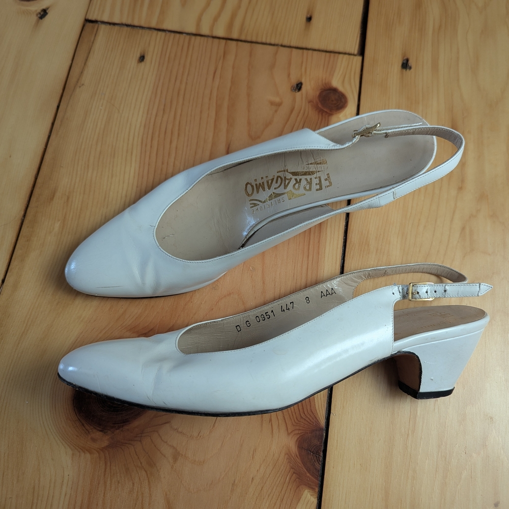Vintage Ferragamo White Patent Leather Slingback Heels